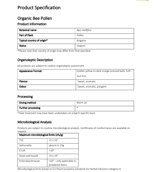 product specification for Organic Bee Pollen with details about organoleptic and microbiological analysis