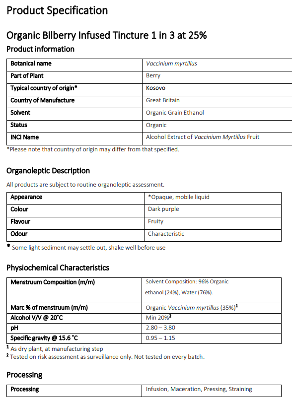 Product specification sheet for Organic Bilberry Infused Tincture 1 in 3 at 25% from Botanical Remedies herbal dispensary