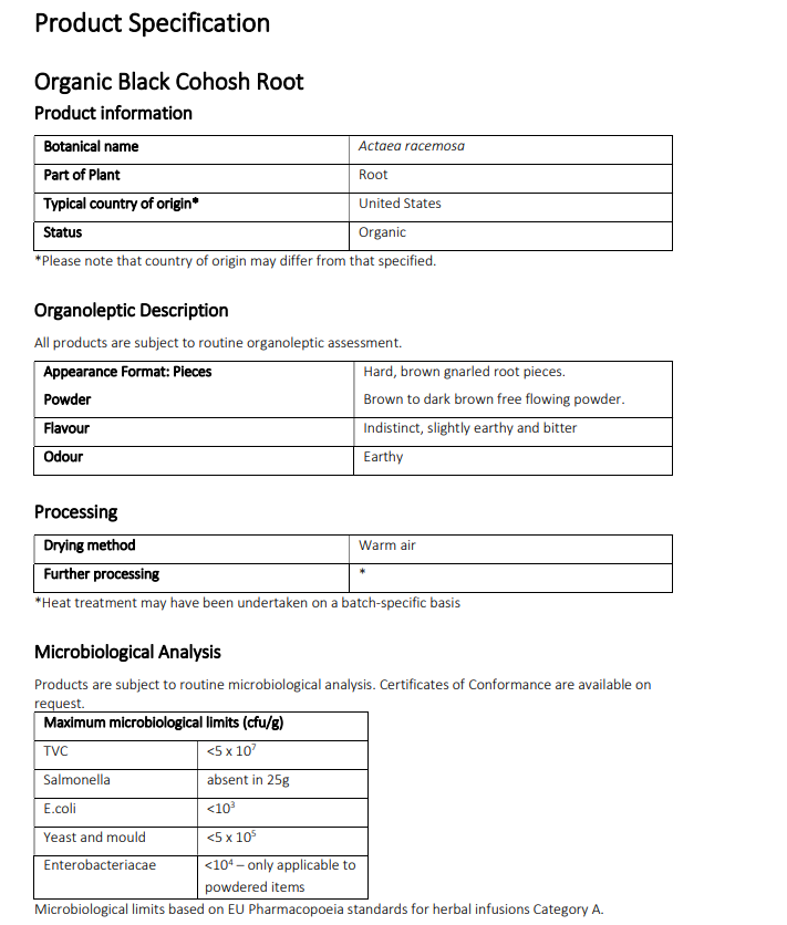 Product specification sheet for Organic Black Cohosh Root with details on botanical name, part of plant, country of origin, appearance format, flavor, odor, drying method, and microbiological analysis.