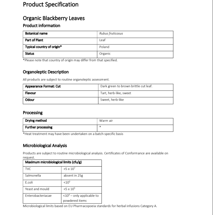 Product specification sheet for Organic Blackberry Leaves with details on botanical name, part of plant, origin, appearance, flavor, odor, processing methods, and microbiological limits.