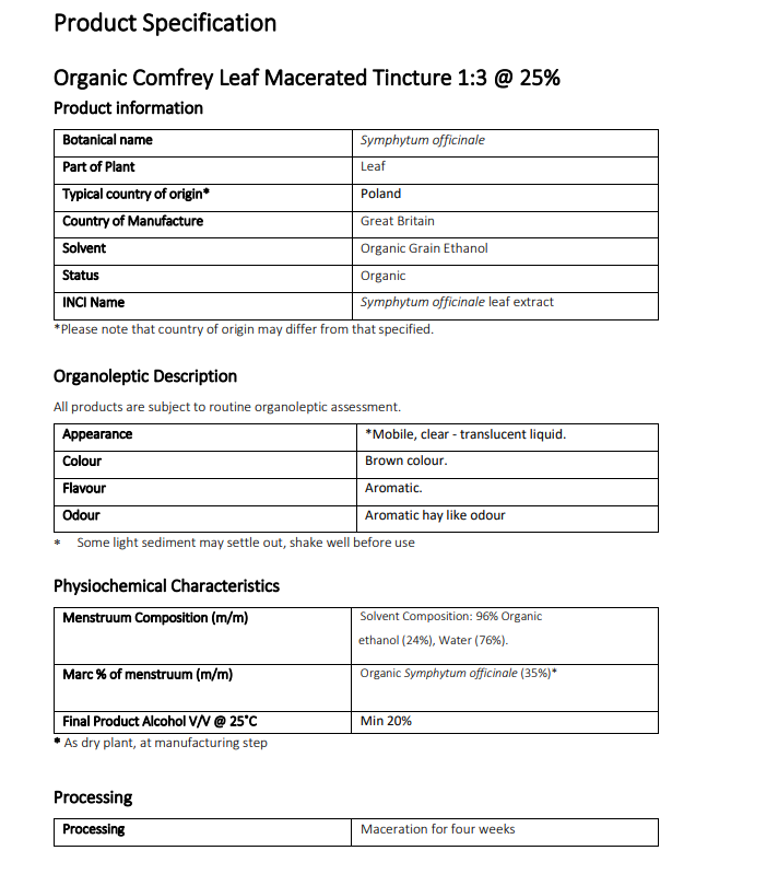 Product specification sheet for Organic Comfrey Leaf Tincture 1:3 @ 25%.