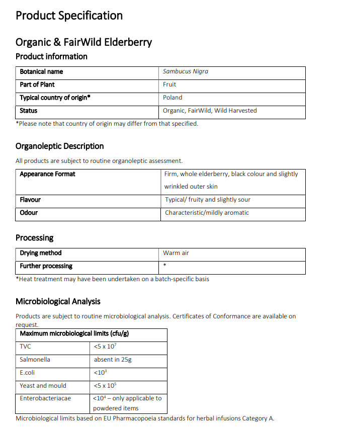 Product specification sheet for Organic  Elderberry