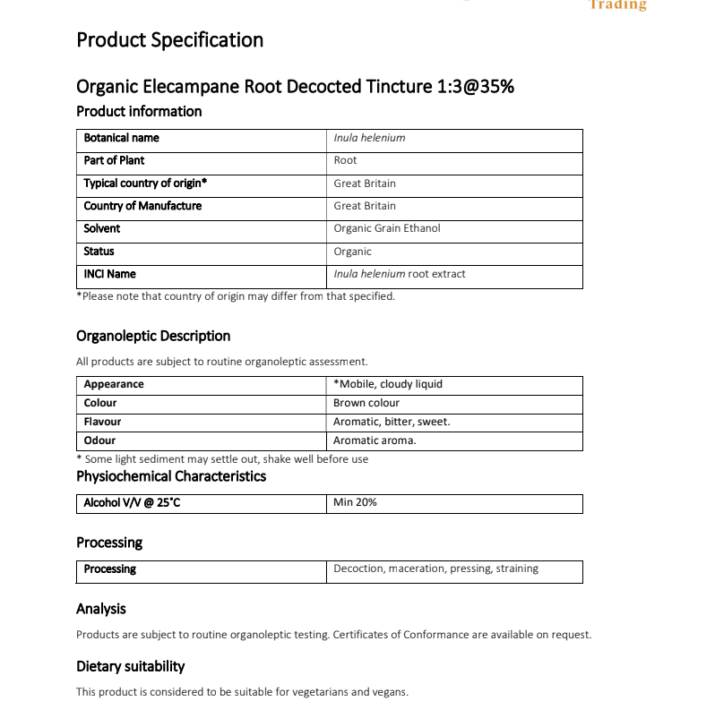 Product specification sheet for Organic Elecampane Root Tincture with details on botanical name, part of plant, and other attributes.