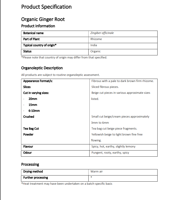 Product specification sheet for organic ginger root with details on botanical name, part of plant, country of origin, appearance, cut sizes, crushed, tea bag cut, flavor, odor, and processing method.