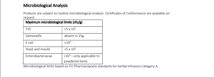 Product specification sheet for organic ginger root with details on Microbiological analysis chart for herbal infusions with limits and standards.