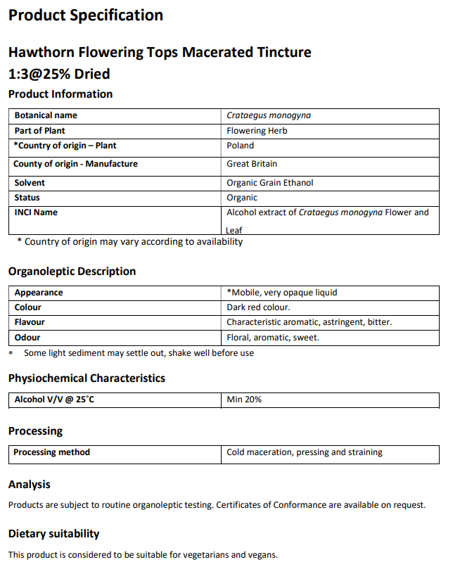 Product specification sheet for Hawthorn Flowering Tops Macerated Tincture