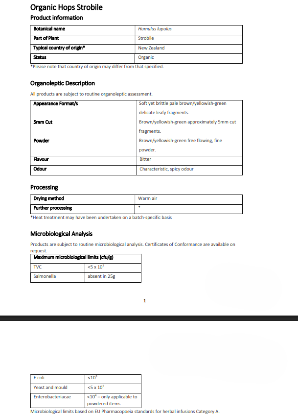 Product information sheet for Organic Hops Strobile with details on appearance, processing, and microbial analysis.