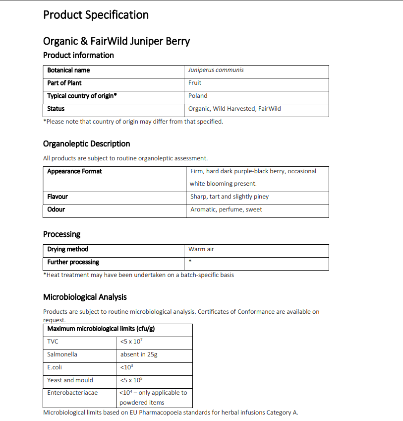 Product specification sheet for Organic & FairWild Juniper Berry