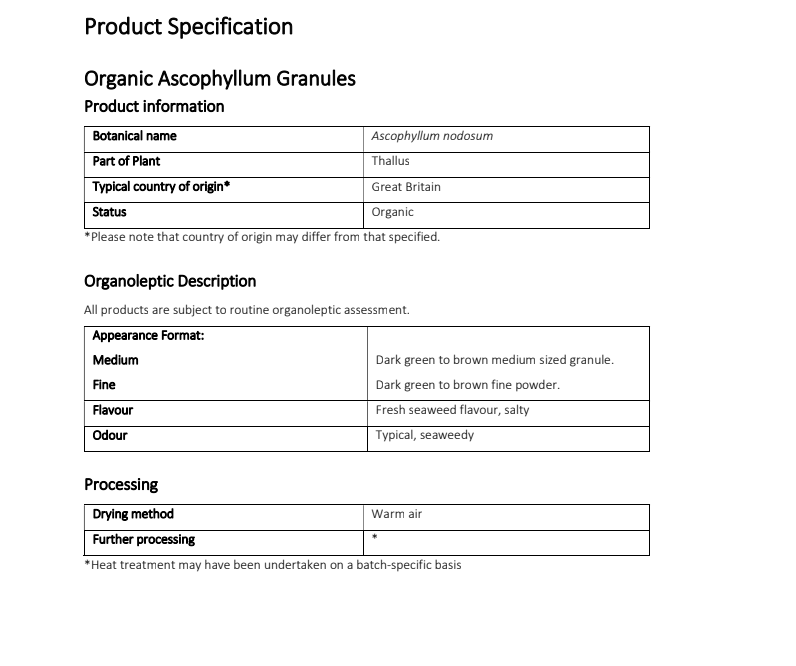 Product specification for Organic kelp fine granules with details about botanical name, country of origin, organoleptic and processing method.