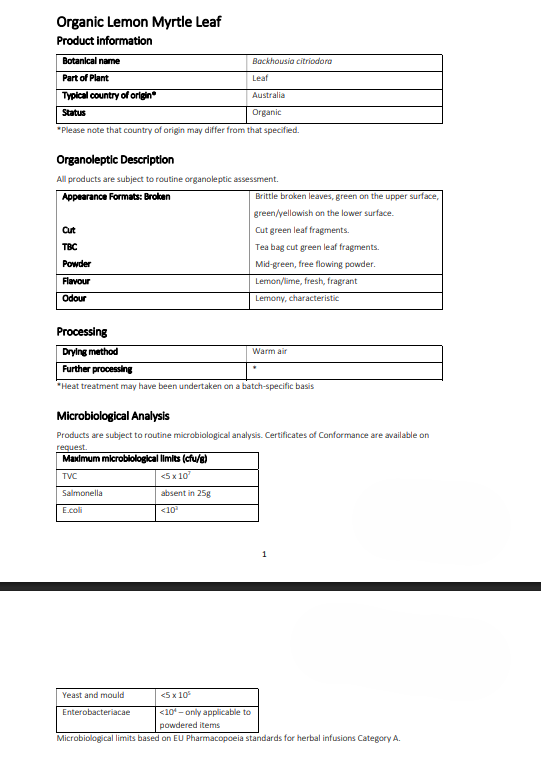 Product information sheet for Organic Lemon Myrtle Leaf with details on appearance, processing, and microbiological analysis.