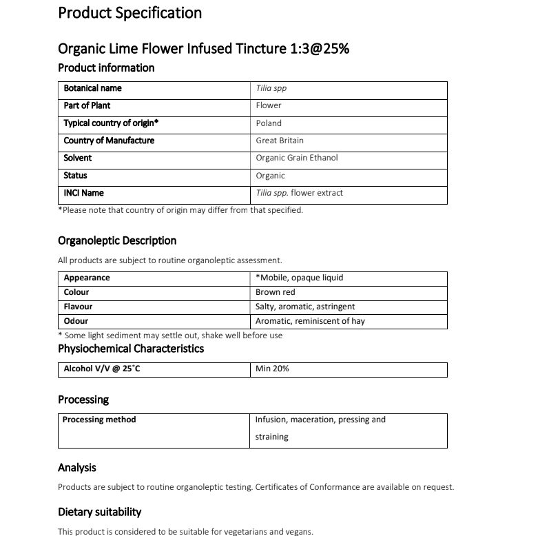 Product specification sheet for Organic Lime Flower Infused Tincture 1:3@25% with details on botanical name, part of plant, and other product information.