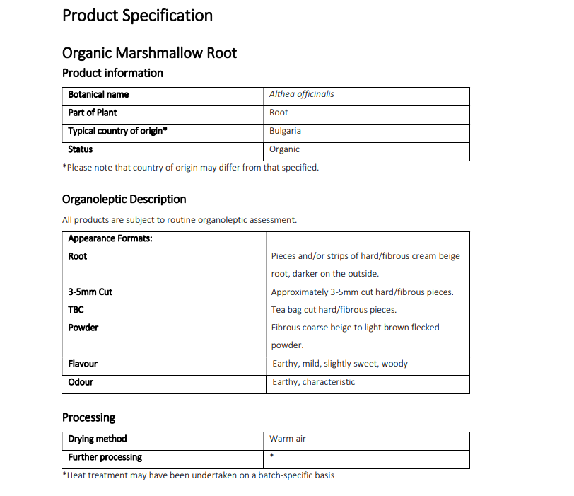 Product specification sheet for organic marshmallow root powder