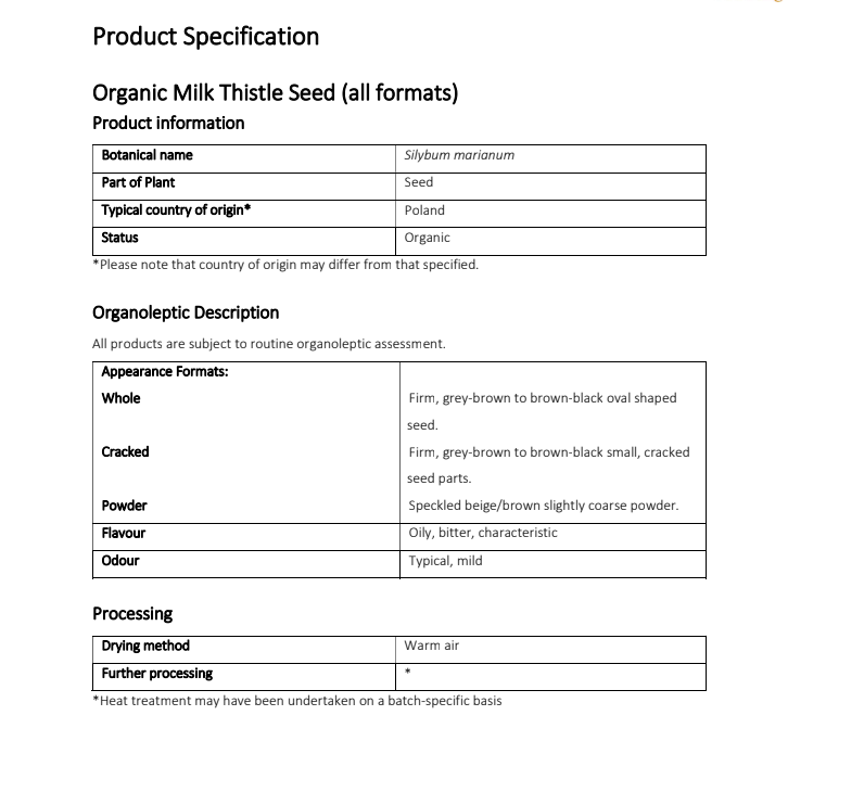 Product specification sheet for Organic Milk Thistle Seed with details on botanical name, appearance formats, flavor, and processing methods.