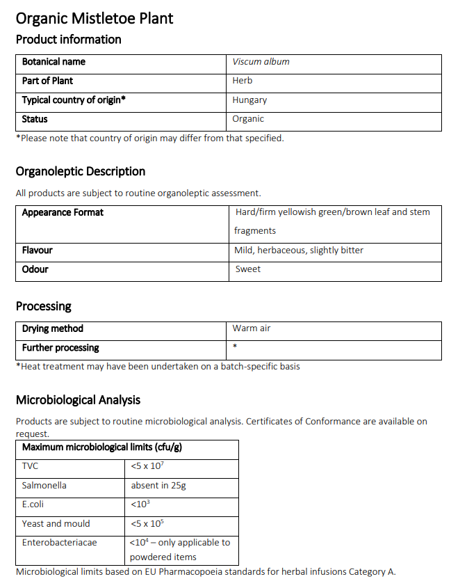 Product information sheet for Organic Mistletoe Plant from Botanical Remedies with details on botanical name, part of plant, country of origin, appearance format, flavor, odor, processing methods, and microbiological analysis.
