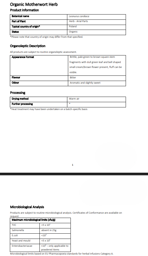 Product information sheet for Organic Motherwort Herb with details on appearance, processing, and microbial analysis.