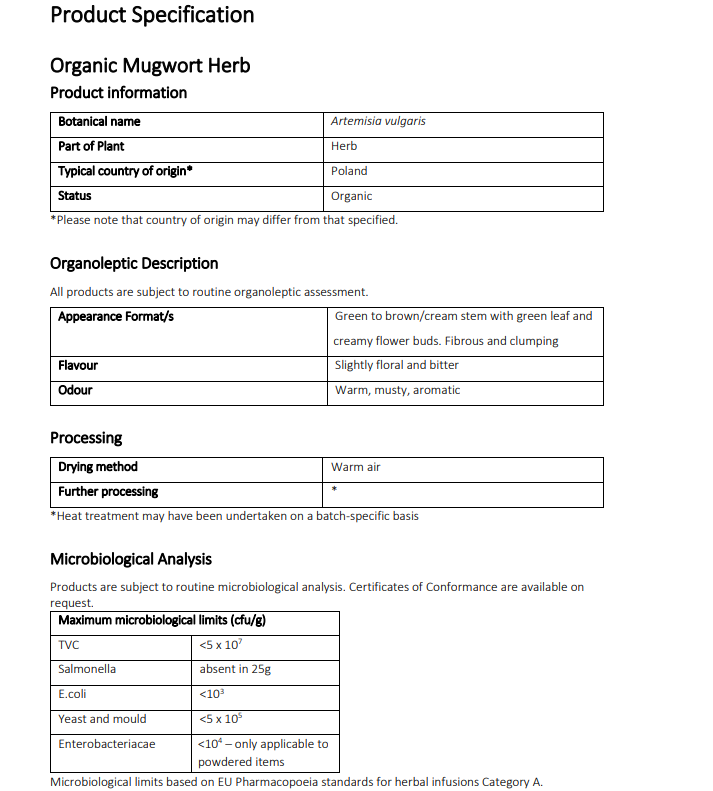 Organic Mugwort herb (Artemisia vulgaris)