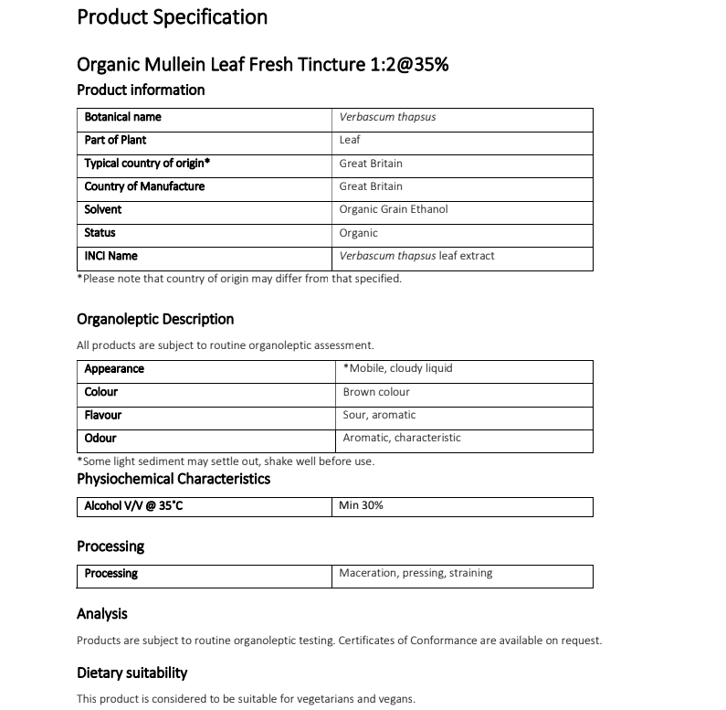 Product specification sheet for Organic Mullein Leaf Tincture 1:2@35% with details on botanical name, part of plant, and other attributes.