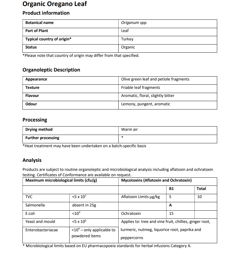Product information sheet for Organic Oregano Leaf with details on botanical name, part of plant, country of origin, appearance, texture, flavor, odor, drying method, and microbiological analysis.
