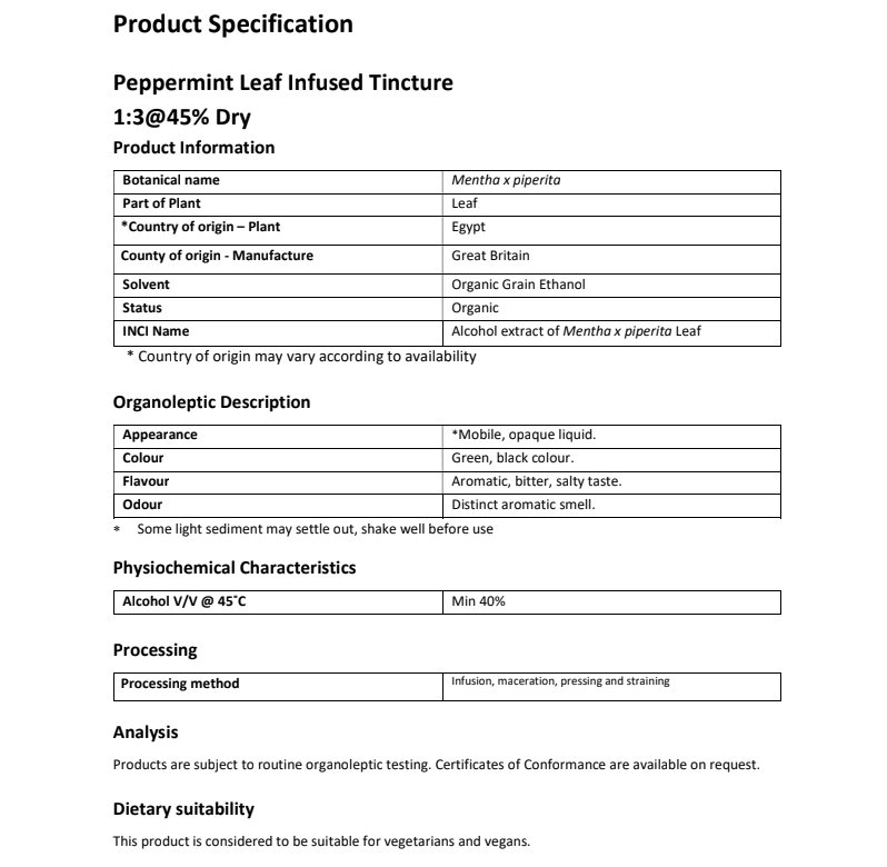 product specification for Organic Peppermint tincture