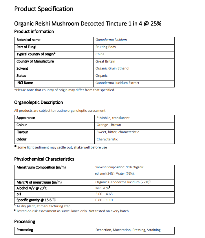 Product specification sheet for Organic Reishi Mushroom Decocted Tincture 1 in 4 @ 25%.