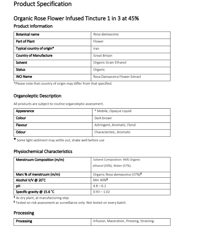 product specification for Organic Rose flower Tincture from Botanical Remedies herbal dispensary
