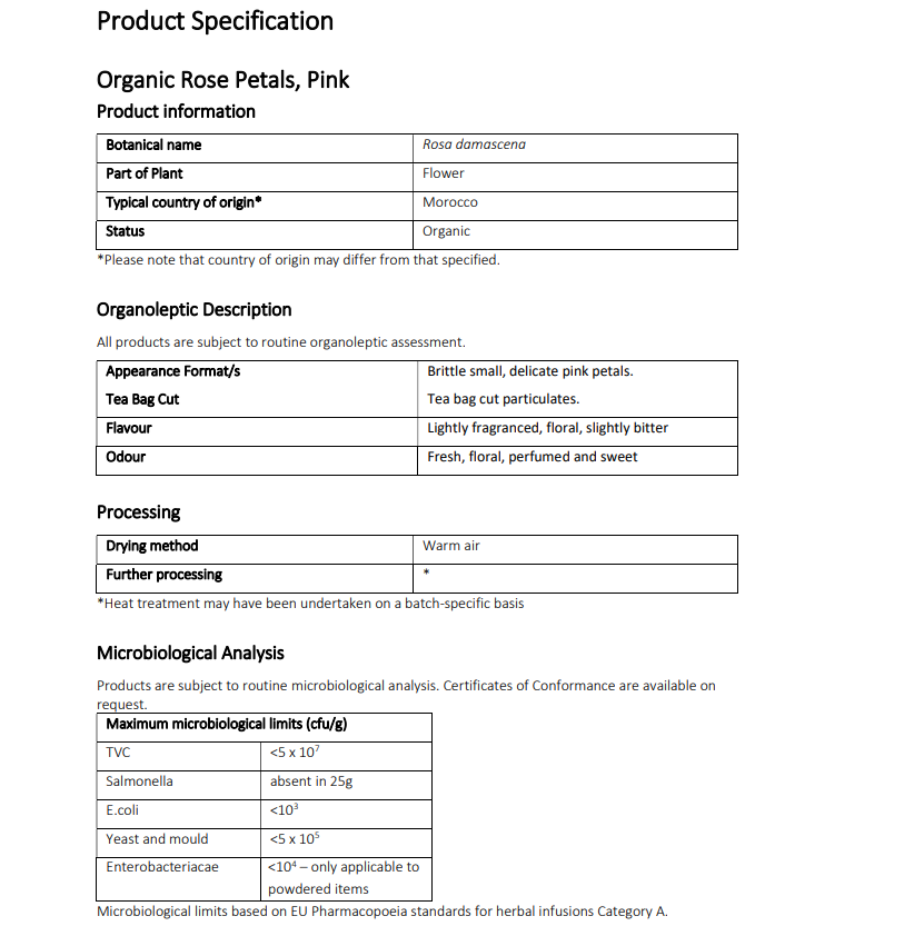 Product specification sheet for organic rose petals, pink with details on botanical name, part of plant, country of origin, appearance, flavor, and processing.