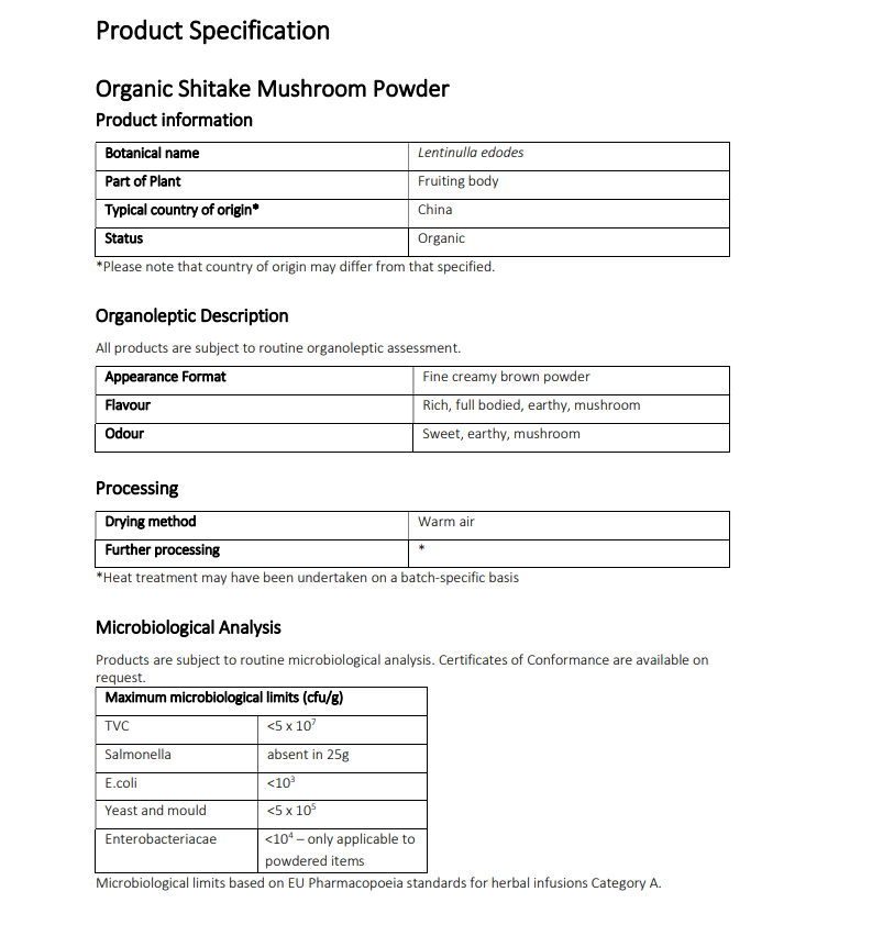 Product specification sheet for Organic Shitake Mushroom Powder with details regarding appearance, flavour, odour, processing method and microbiological analysis results