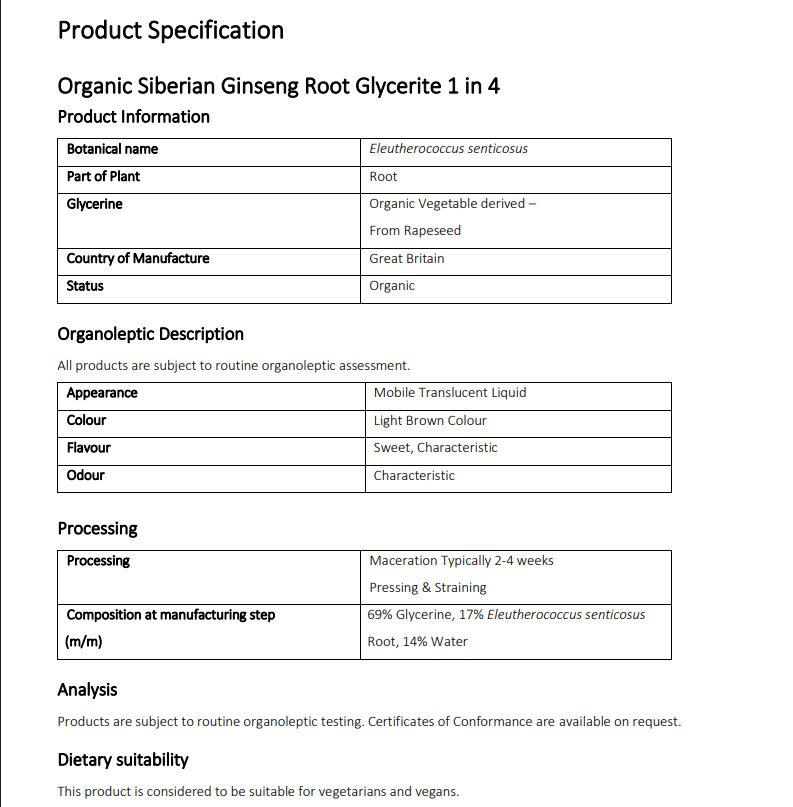 product specification for Organic Siberian Ginseng glycerite tincture