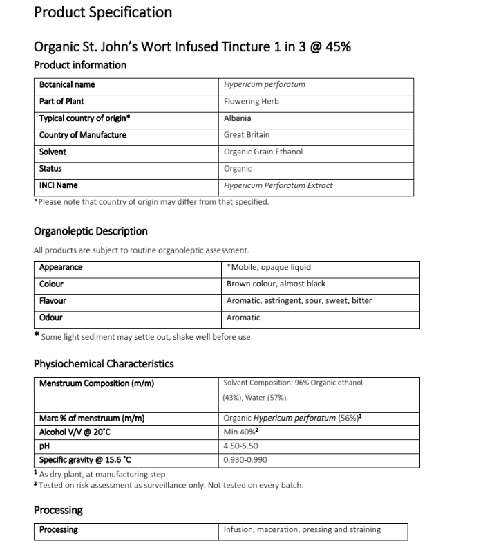 Product specification for Organic St Johns wort tincture from Botanical Remedies herbal dispensary