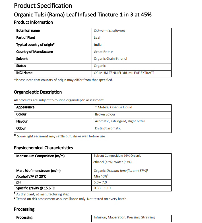 Product specification sheet for Organic Tulsi (Rama) Leaf Tincture 1 in 3 at 45%.
