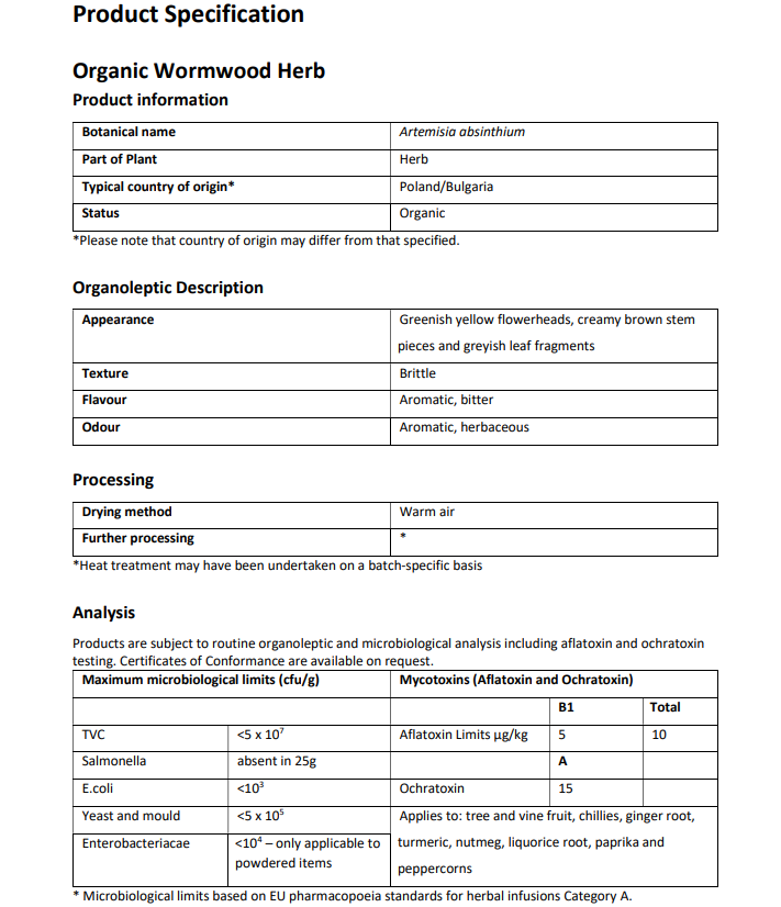 Product specification sheet for Organic Wormwood herb with details about origin, organoleptic, microbiological analysis