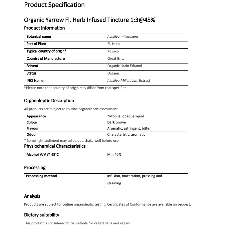 Product specification for Organic Yarrow herb Tincture from Botanical Remedies herbal dispensary