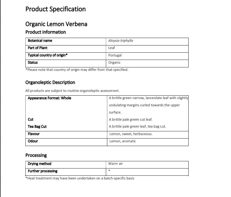 Product specification sheet for Organic Lemon Verbena with details on botanical name, part of plant, country of origin, status, appearance format, cut, flavor, odor, and processing methods.