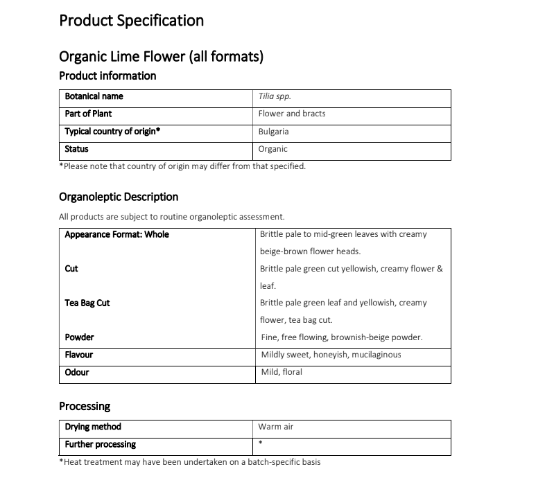 Product specification sheet for Organic Lime Flower with details on botanical name, part of plant, country of origin, status, appearance format, cut, tea bag cut, powder, flavor, odor, and processing methods.