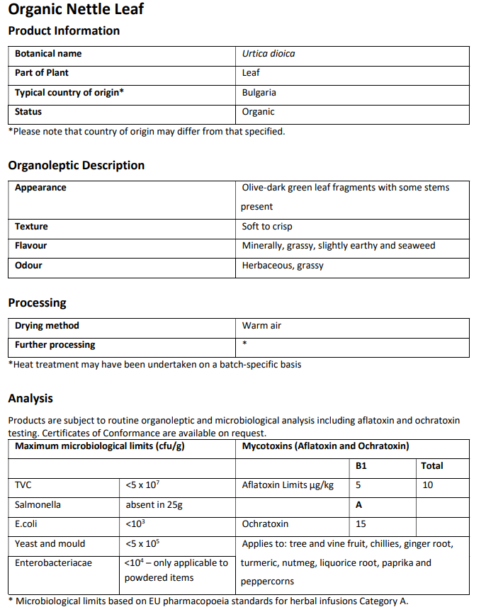 Product information sheet for Organic Nettle Leaf with details on botanical name, part of plant, origin, appearance, texture, flavor, odor, drying method, and analysis limits.