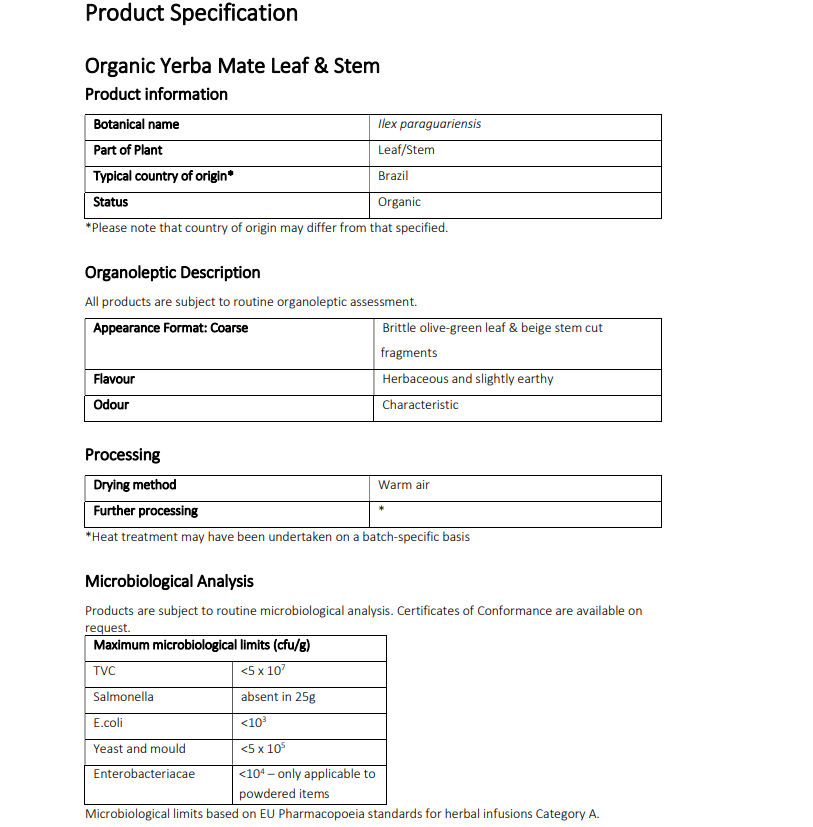Product specification sheet for Organic Yerba Mate Leaf & Stem with details on botanical name, part of plant, country of origin, appearance format, flavor, odor, drying method, further processing, and microbiological analysis.