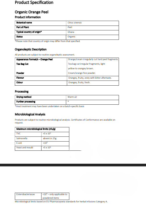 Product specification sheet for organic orange peel with details on appearance, processing, and microbial analysis.