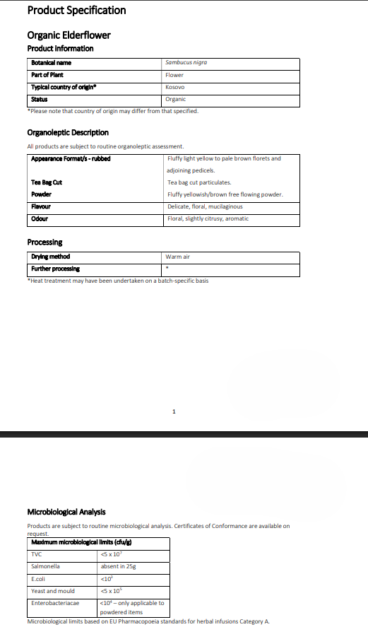 Product specification sheet for organic elderflower 