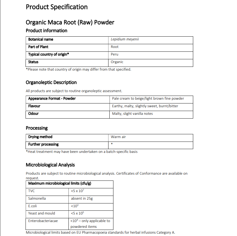 Product specification for organic Maca root powder, with details and analysis results