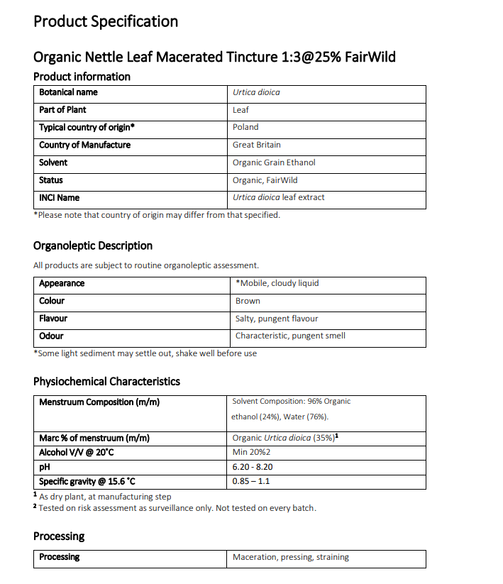 Product specification sheet for Organic Nettle Leaf Tincture 1:3@25%with organoleptic and physiochemical details 