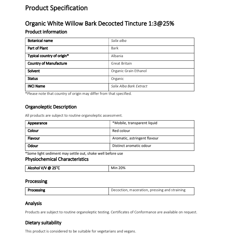 Product specification sheet for Organic White Willow Bark Decocted Tincture 1:3@25% 