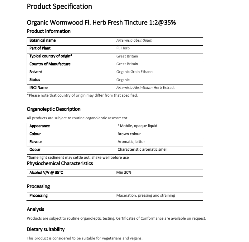 Product specification sheet for Organic Wormwood Flowering Herb Fresh Tincture