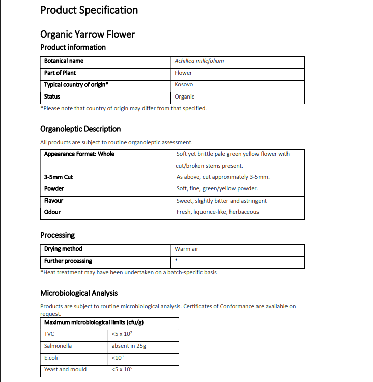 Product specification sheet for Organic Yarrow Flower with details on botanical name, origin, appearance, flavor, and processing methods.