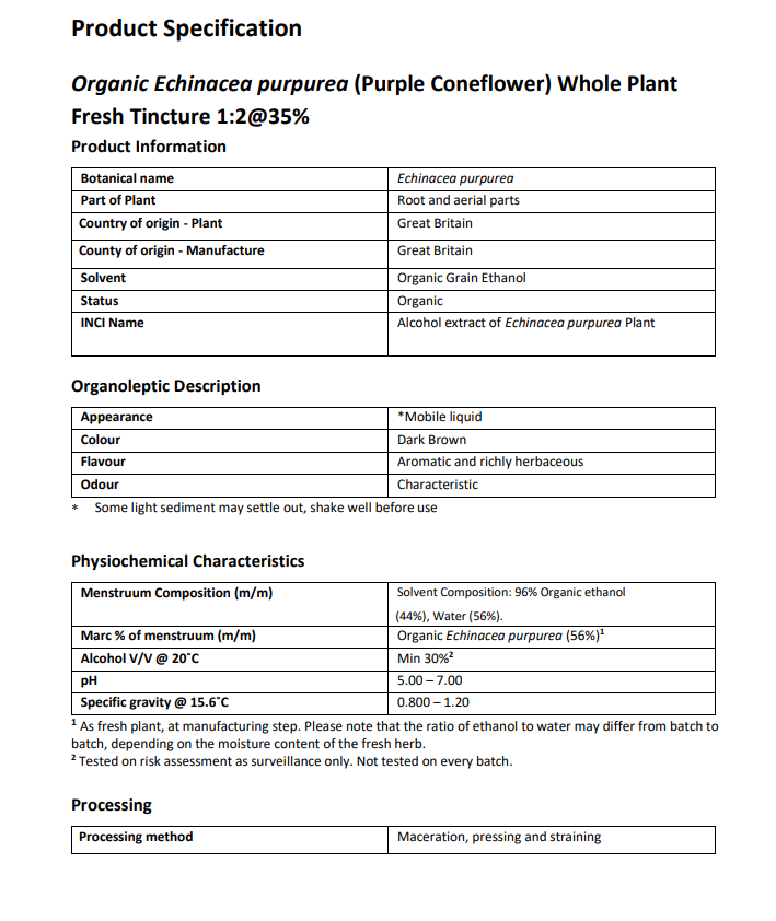 Product specification sheet for Organic Purple Coneflower Whole Plant Fresh Tincture.