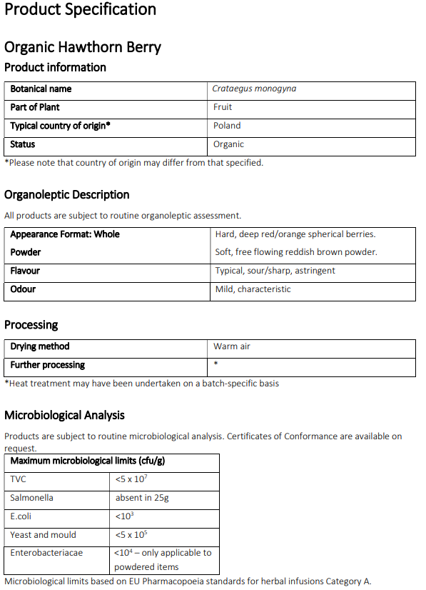 Product specification sheet for Organic Hawthorn Berry with details on botanical name, part of plant, country of origin, appearance, flavor, odor, processing methods, and microbiological analysis.