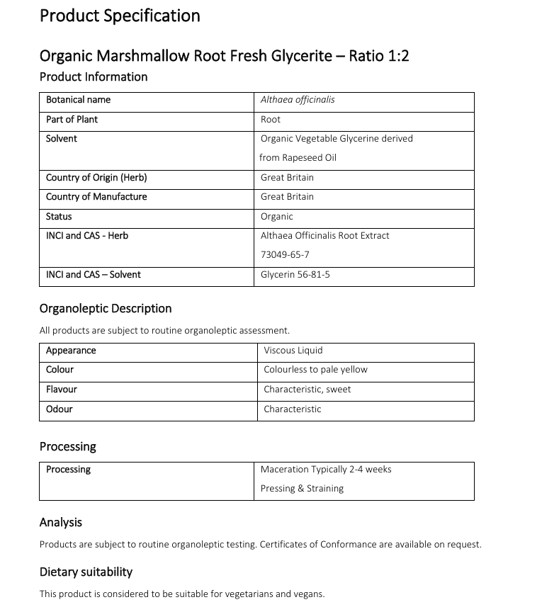 Product specification sheet for Organic Marshmallow Root Fresh Glycerite with details on botanical name, solvent, and other attributes.