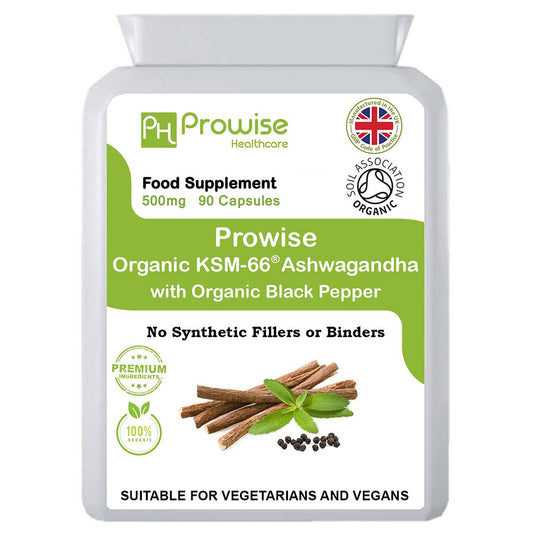 A bottle of Prowise Healthcare's Organic KSM-66 Ashwagandha with Organic Black Pepper, 500mg, 90 capsules, marked as suitable for vegetarians and vegans.