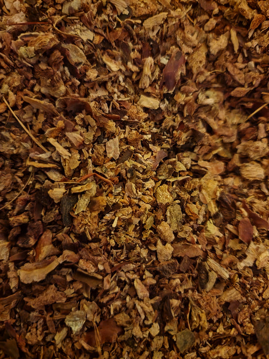 close up of dried and cut Rhodiola root, an  adaptogen and herbal remedy from Botanical Remedies herbal dispensary, loose herbal tea