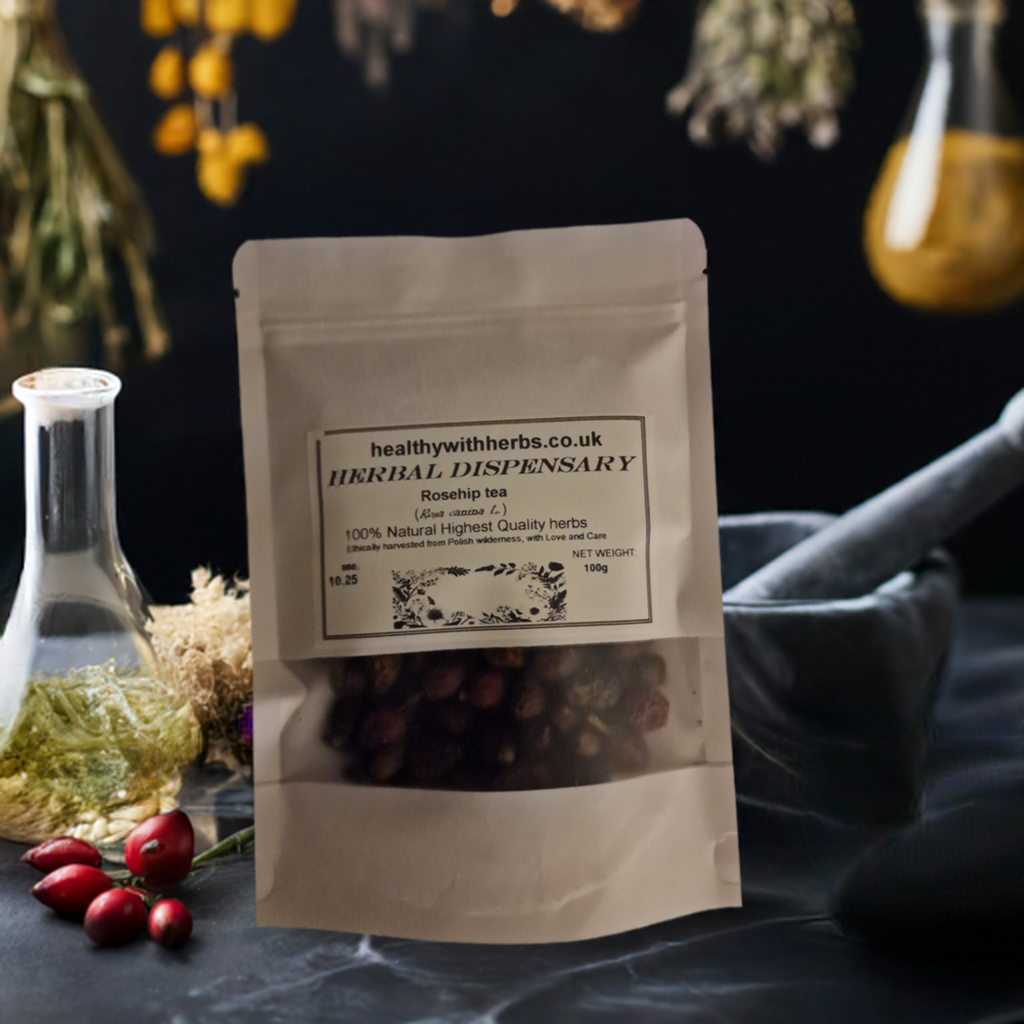 A resalable paper bag of dried rosehip berries from Botanical Remedies herbal dispensary, an herbal remedy, loose herbal tea