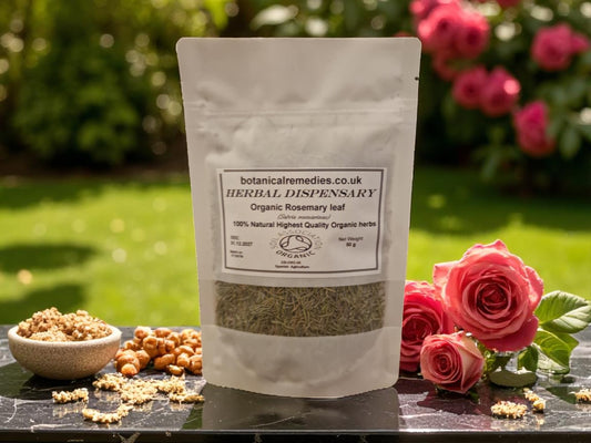 Package with Organic Rosemary leaf from Botanical Remedies herbal dispensary, an herbal remedy, loose herbal tea